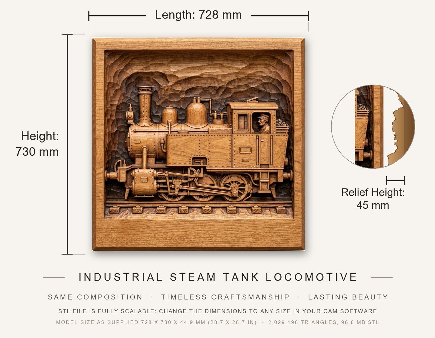 Industrial Steam Tank Locomotive CNC Relief STL bas-relief STL — view 3