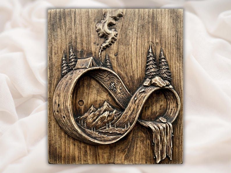 Carved wood relief of an infinity loop holding a mountain range, pine trees, campsite, mountain biker, and waterfall.
