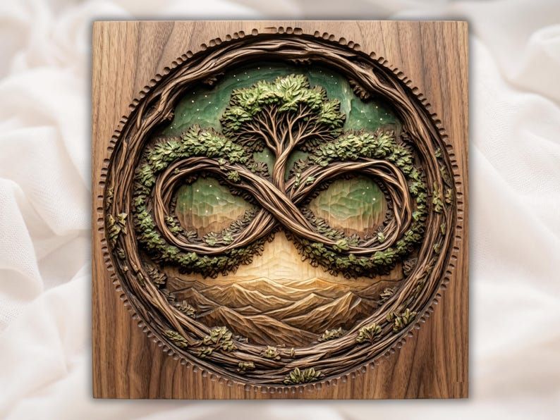 Round wood relief carving of a tree of life over an infinity vine knot with leafy canopy and mountains