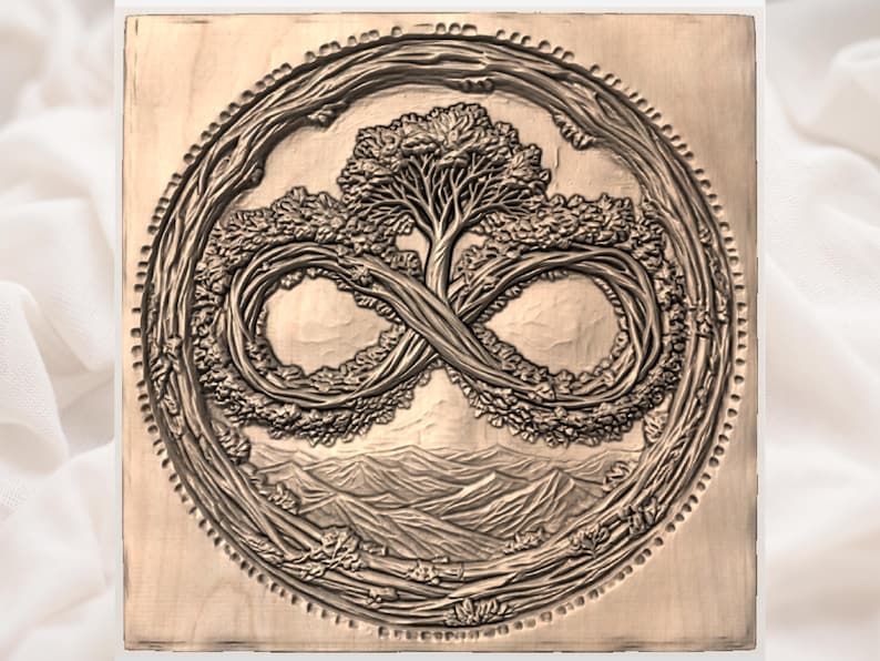 Infinity Tree of Life Round Relief with Mountains and Vines bas-relief STL — view 3