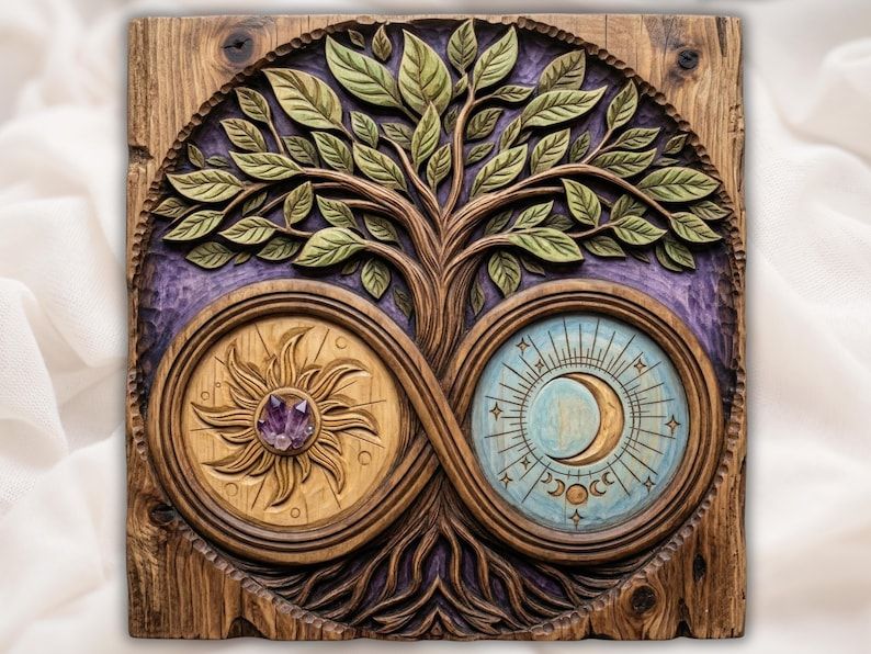 Carved Tree of Life relief with infinity roots, a sun medallion and a crescent moon medallion on purple