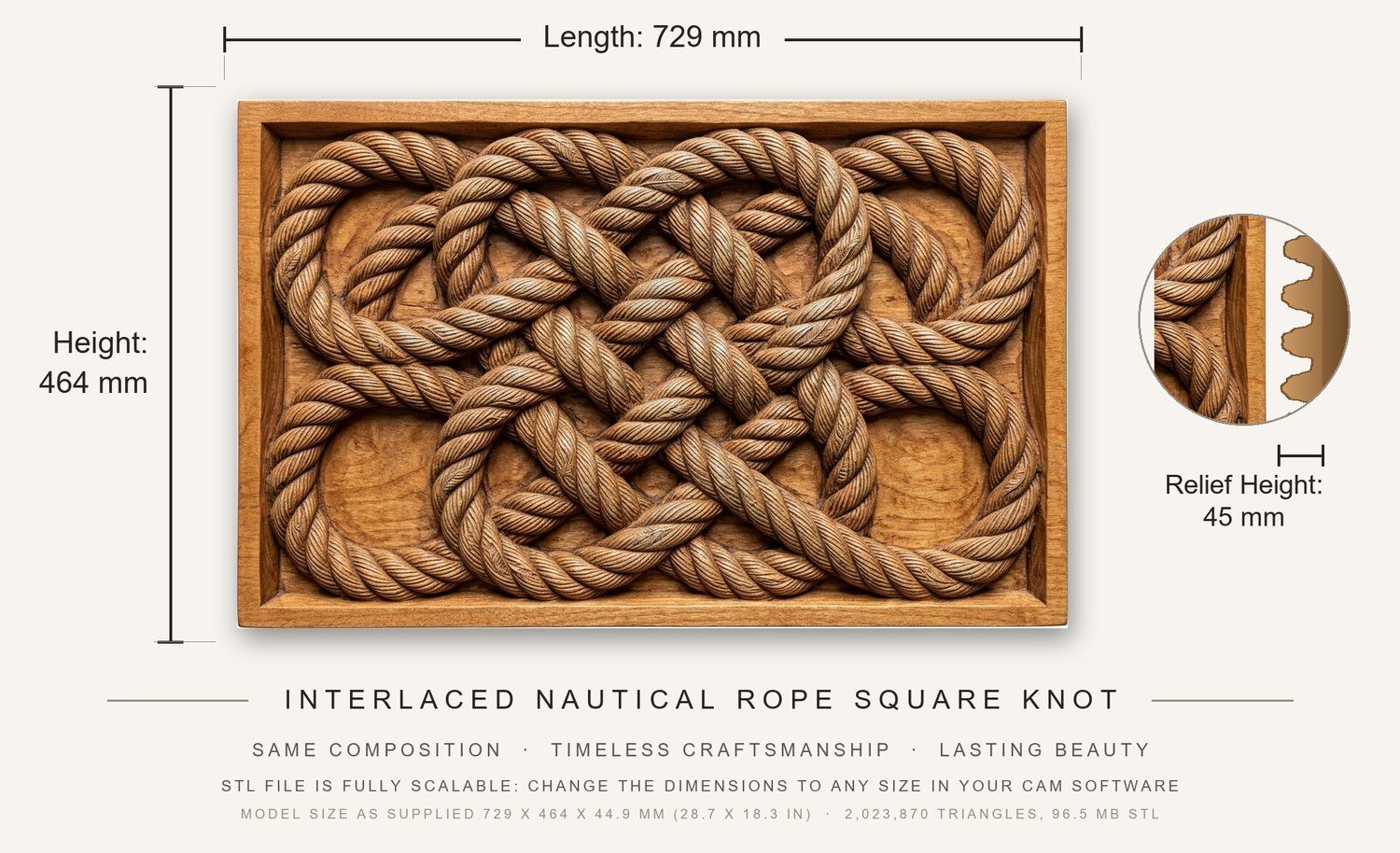 Interlaced Nautical Rope Square Knot CNC Relief STL bas-relief STL — view 3
