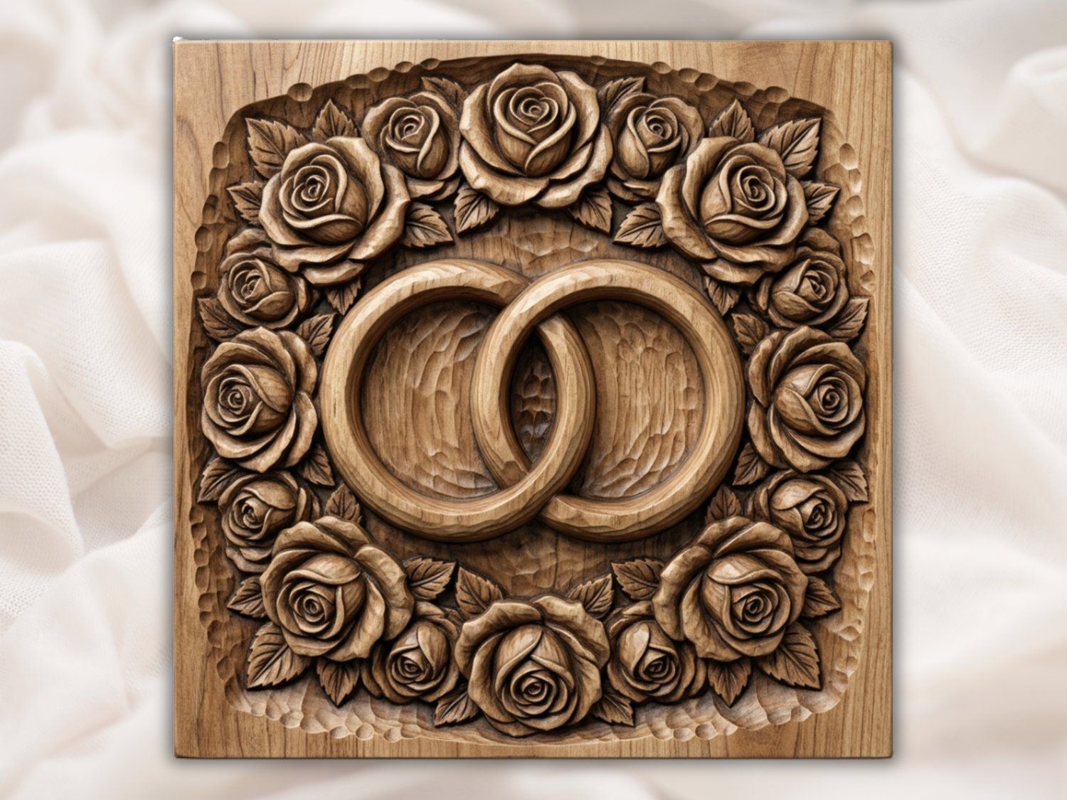 Interlocking Wedding Rings Wall Art | Floral Anniversary Rose Panel | Romantic Marriage Keepsake Wood Decor | Custom Couple Union Gift — carved bas relief STL file for CNC