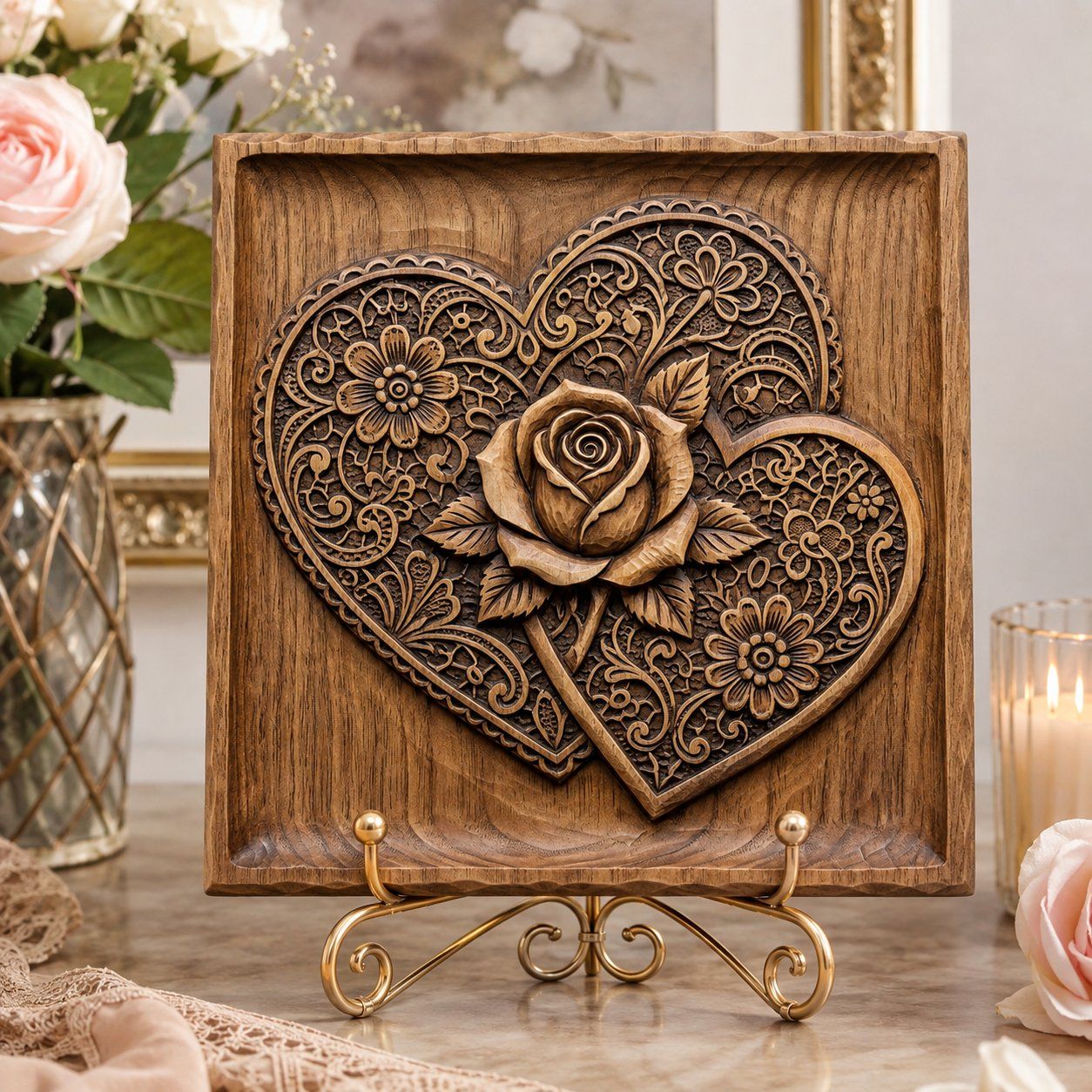 Intertwined Hearts Floral Rose CNC Relief STL bas-relief STL — view 7