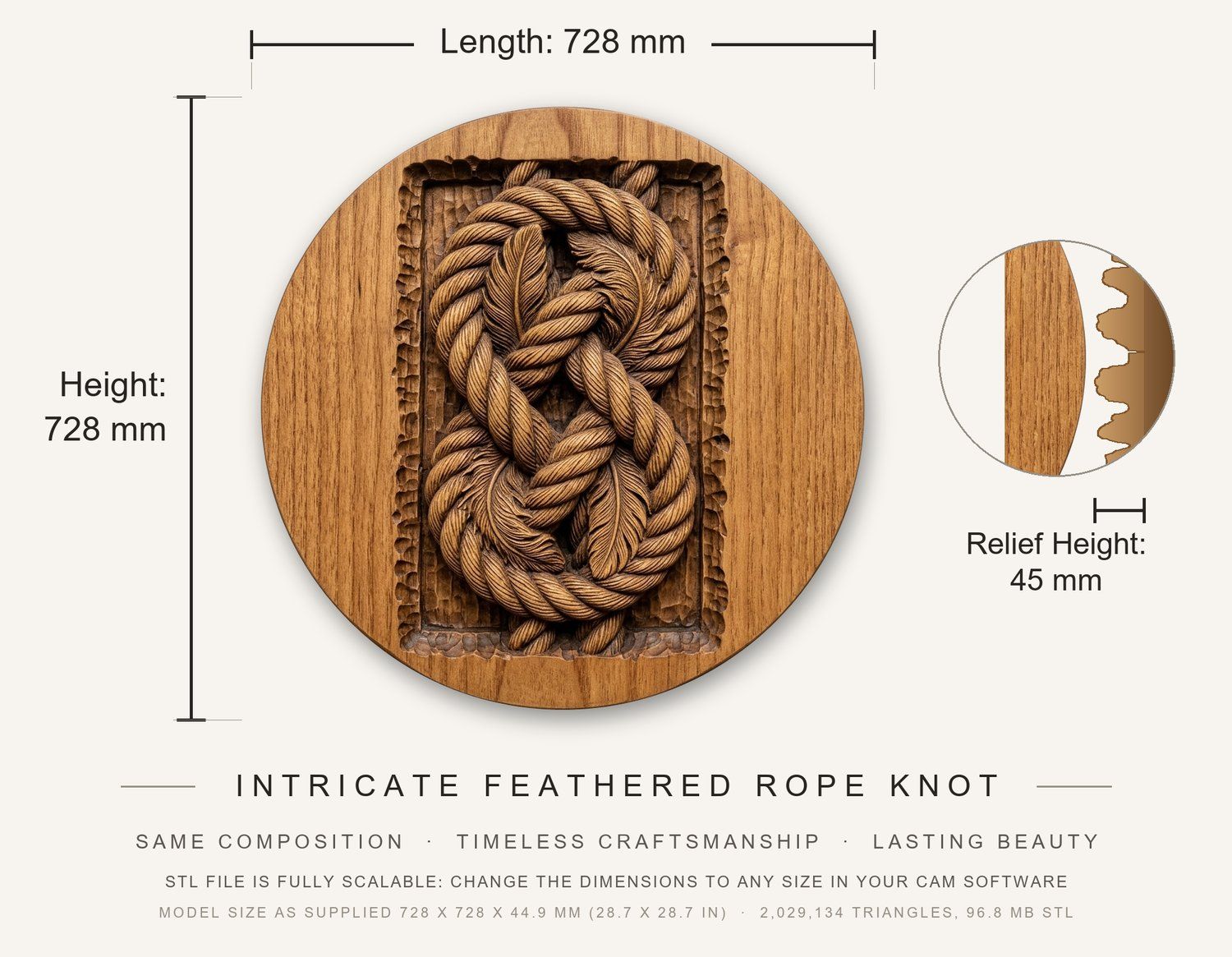 Intricate Feathered Rope Knot CNC Relief STL bas-relief STL — view 3