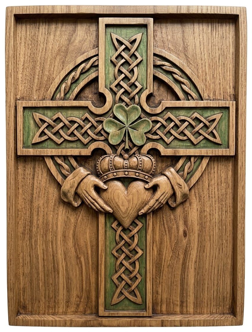 Irish Celtic Claddagh Cross CNC Relief STL | Heritage Wall Art Panel | Shamrock Faith Wood Carving Design — carved bas relief STL file for CNC