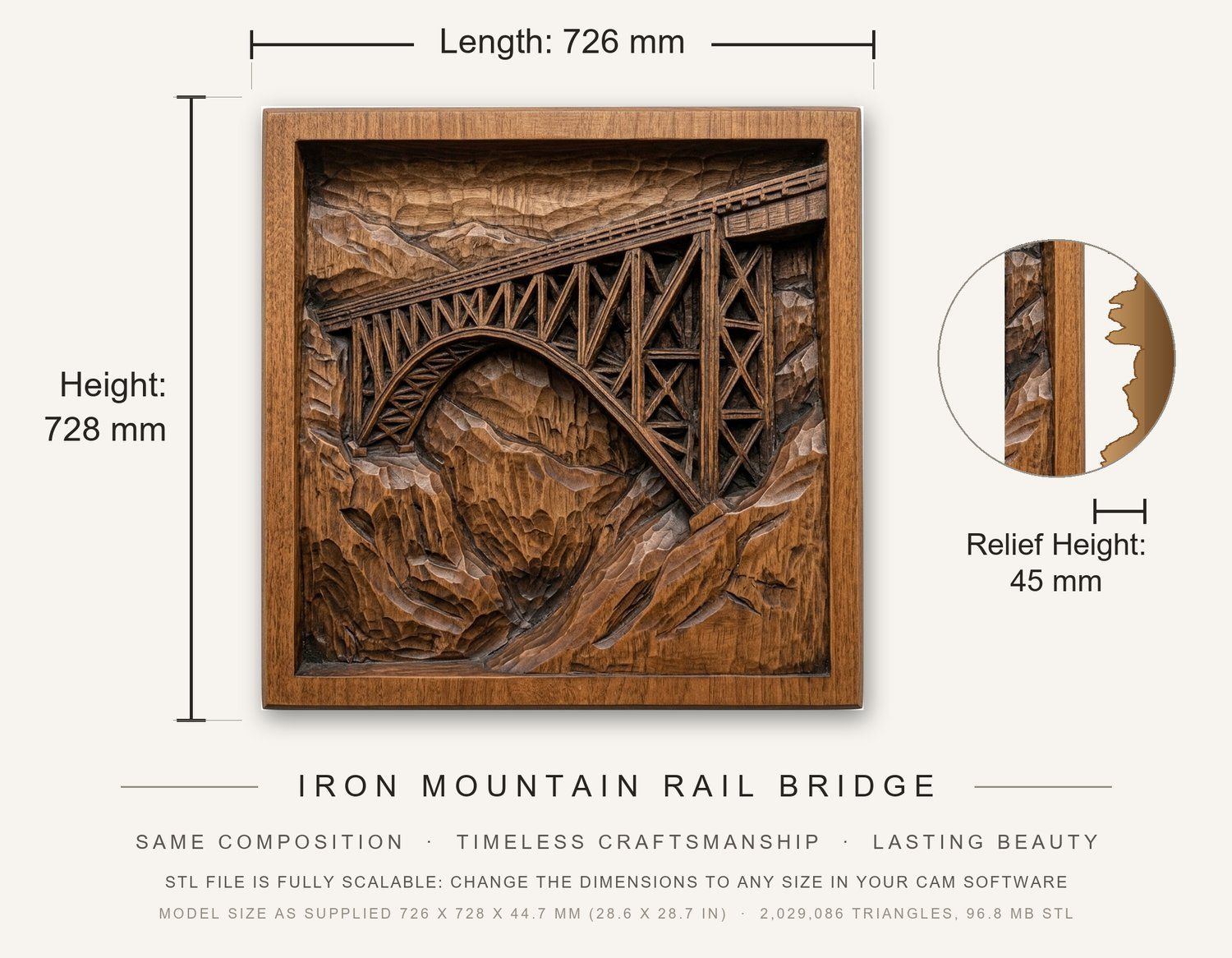 Iron Mountain Rail Bridge CNC Relief STL bas-relief STL — view 3