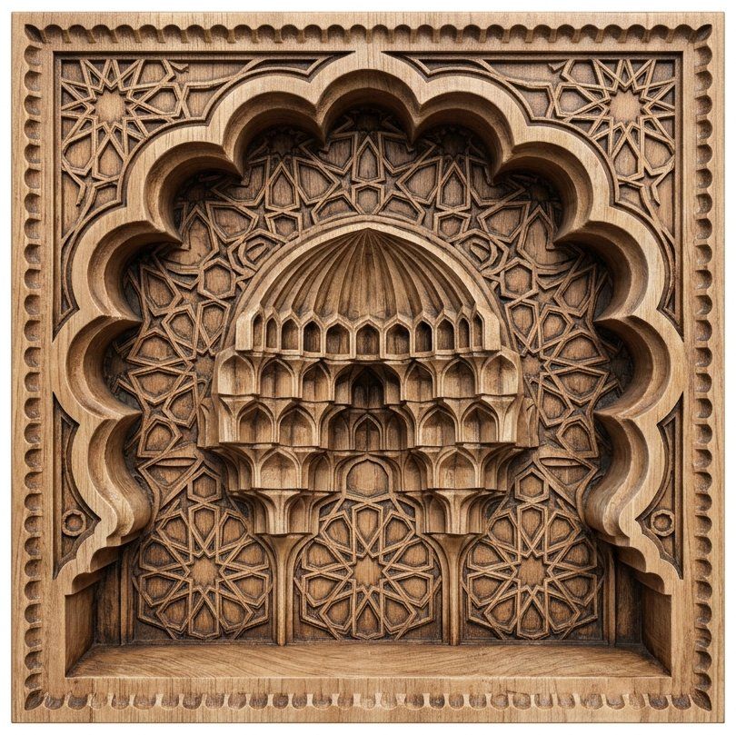 Islamic Muqarnas Archway CNC Relief STL | Mughal Architecture Wall Art | Moorish Geometric Panel | Taj Mahal Inspired Wood Carving — carved bas relief STL file for CNC