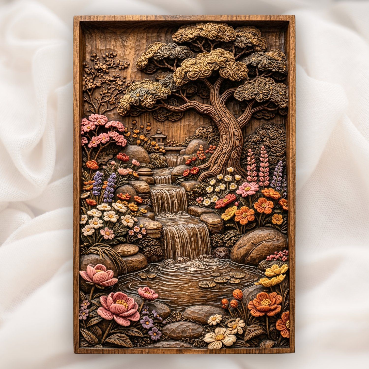 Japanese Garden Waterfall Bonsai Tree CNC Relief STL | Zen Landscape Wood Carving Design | Oriental Nature Wall Art Panel — carved bas relief STL file for CNC