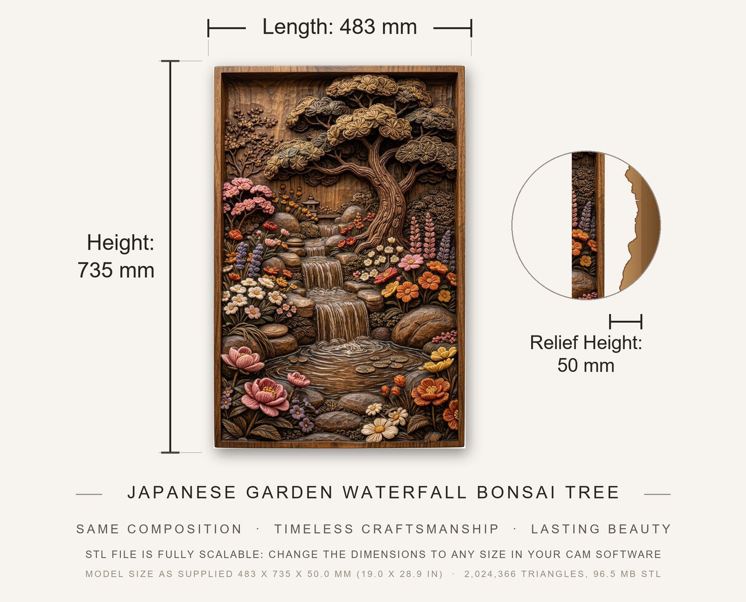 Japanese Garden Waterfall Bonsai Tree CNC Relief STL bas-relief STL — view 3