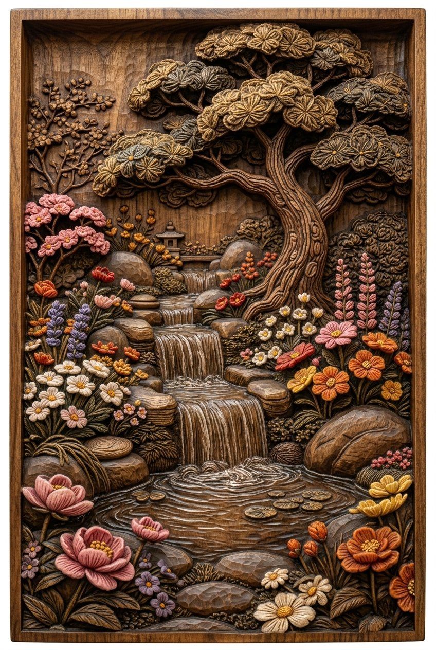 Japanese Garden Waterfall Bonsai Tree CNC Relief STL bas-relief STL — view 4