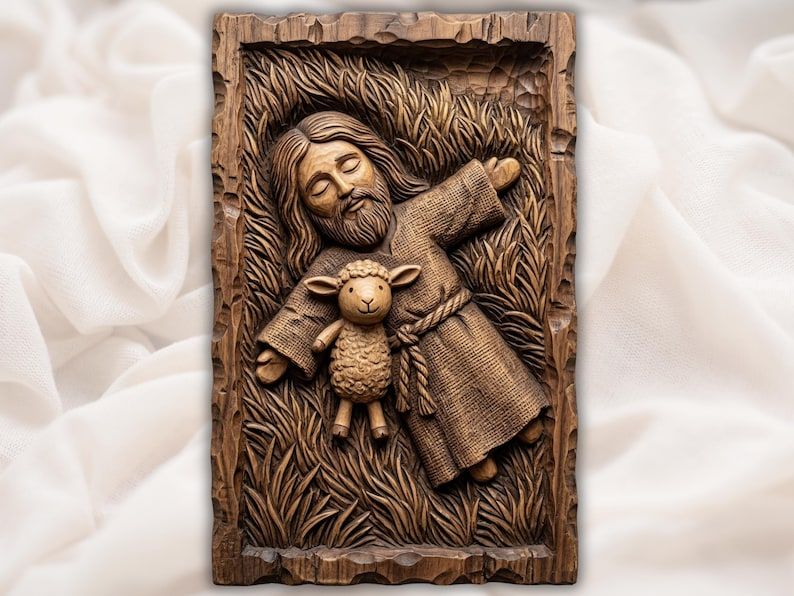 Bas-relief wood carving of Jesus resting in grass holding a small lamb against His chest, framed border.