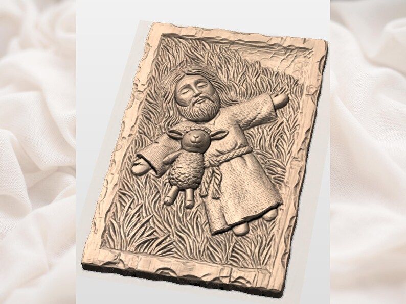 Resting Jesus Cradling a Lamb Bas-Relief STL Carving bas-relief STL — view 2