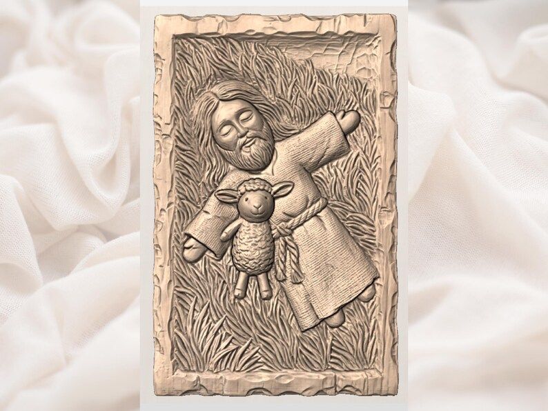 Resting Jesus Cradling a Lamb Bas-Relief STL Carving bas-relief STL — view 3