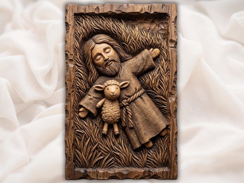 Resting Jesus Cradling a Lamb Bas-Relief STL Carving bas-relief STL design