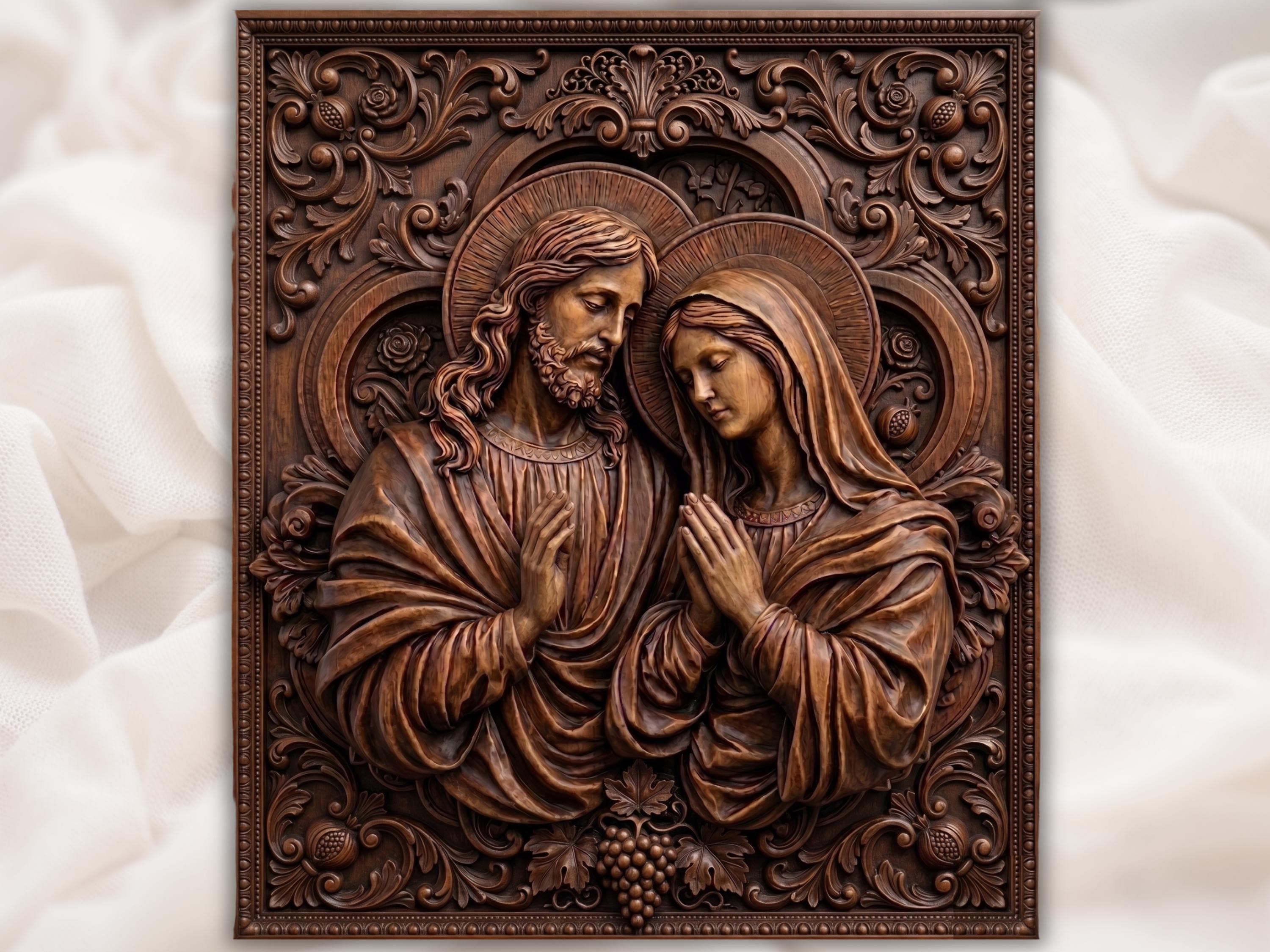 Carved wood bas-relief of Jesus and the Virgin Mary with halos, praying hands, robes, grapes, and Baroque frame.