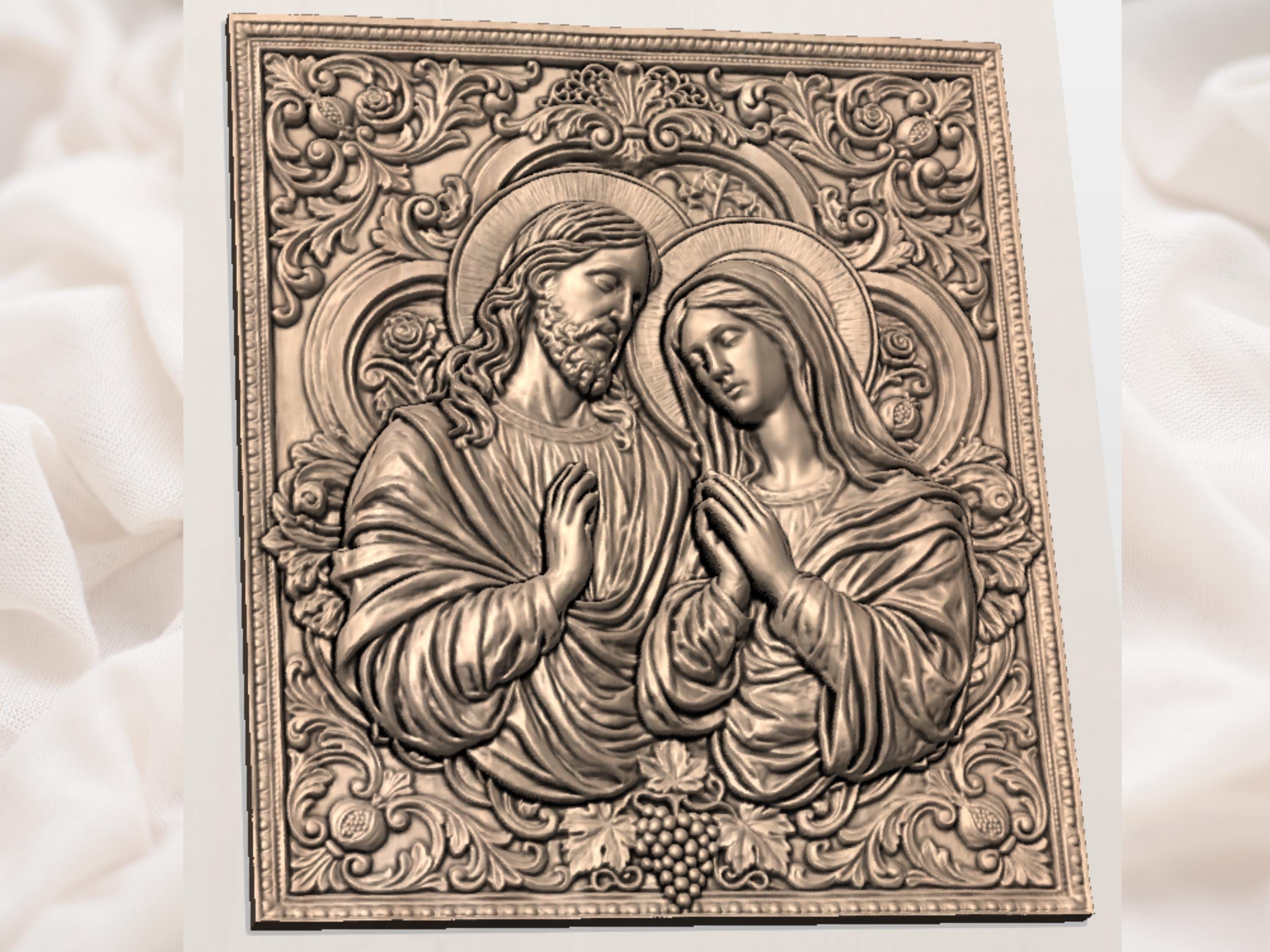 Jesus and Virgin Mary Praying Bas-Relief STL with Baroque Frame bas-relief STL — view 2