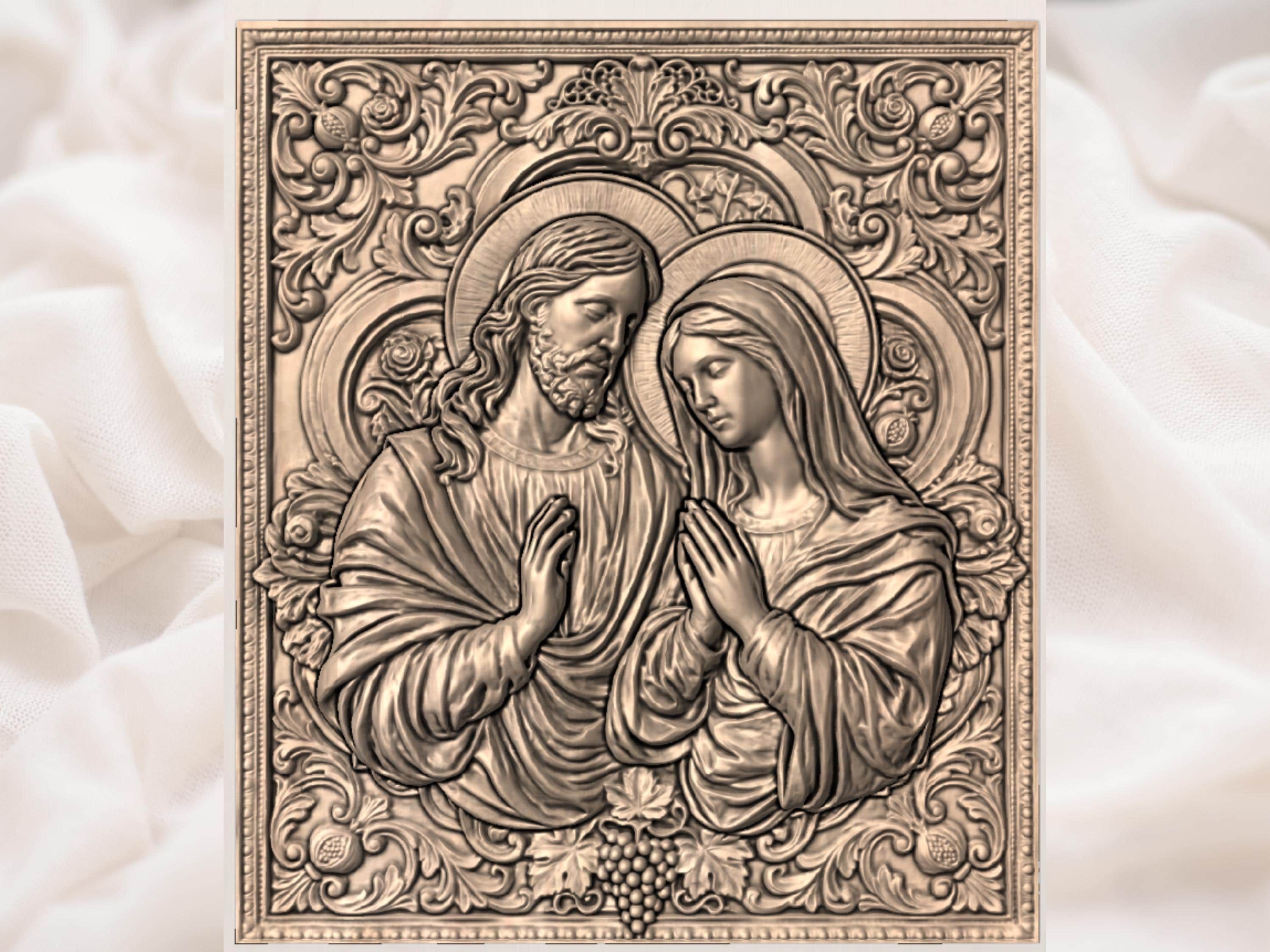 Jesus and Virgin Mary Praying Bas-Relief STL with Baroque Frame bas-relief STL — view 3