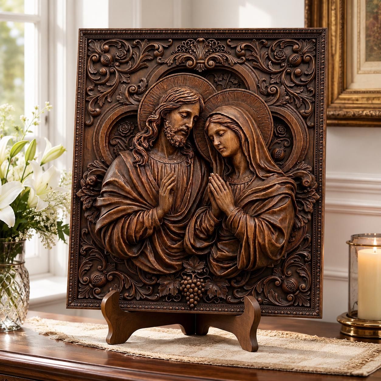 Jesus and Virgin Mary Praying Bas-Relief STL with Baroque Frame bas-relief STL — view 4