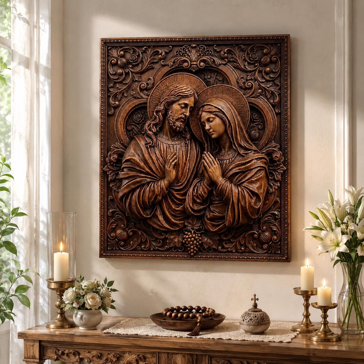 Jesus and Virgin Mary Praying Bas-Relief STL with Baroque Frame bas-relief STL — view 5