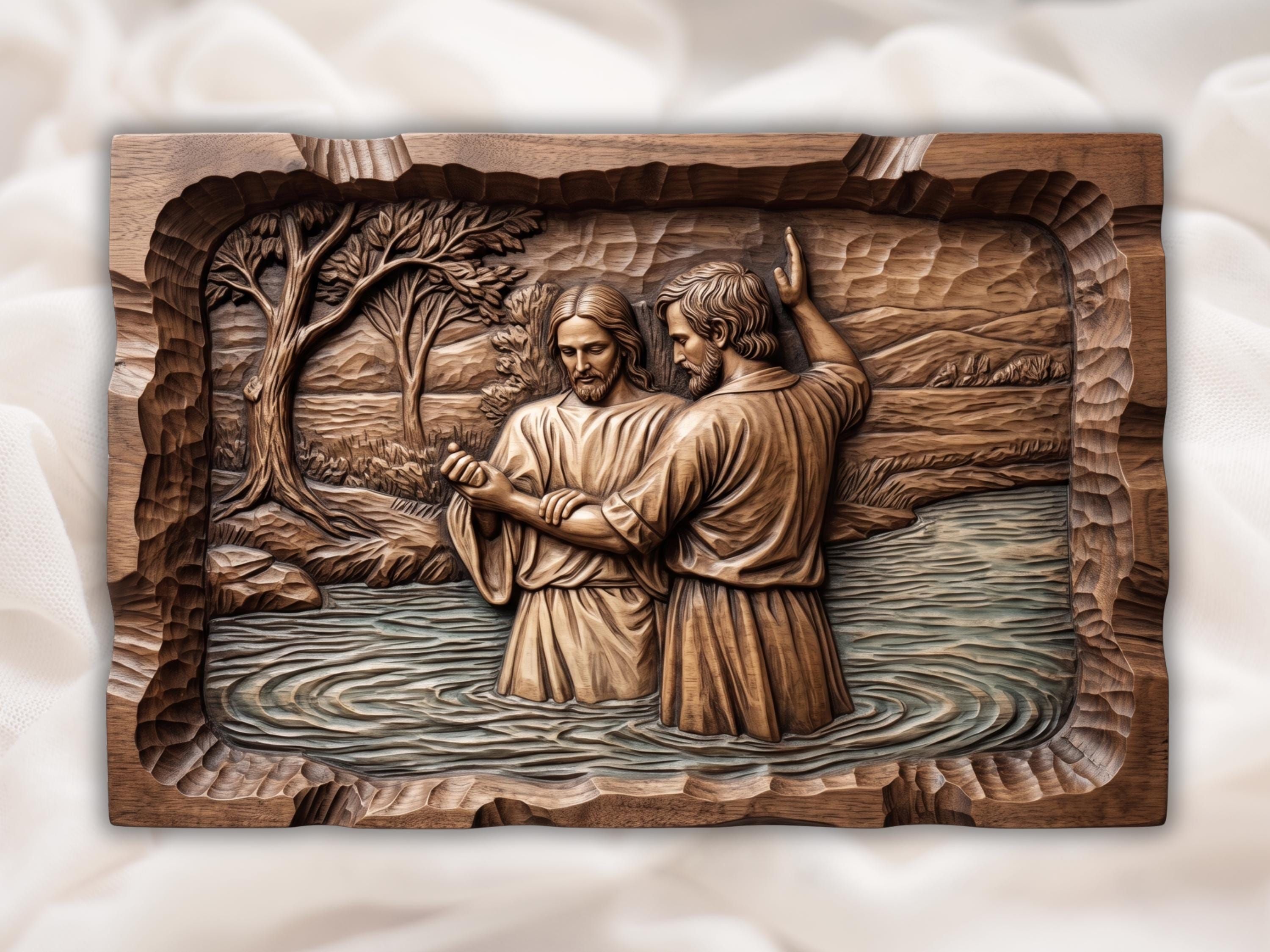 Carved wood bas-relief of the baptism of Jesus standing in the Jordan River with robed figures and trees.