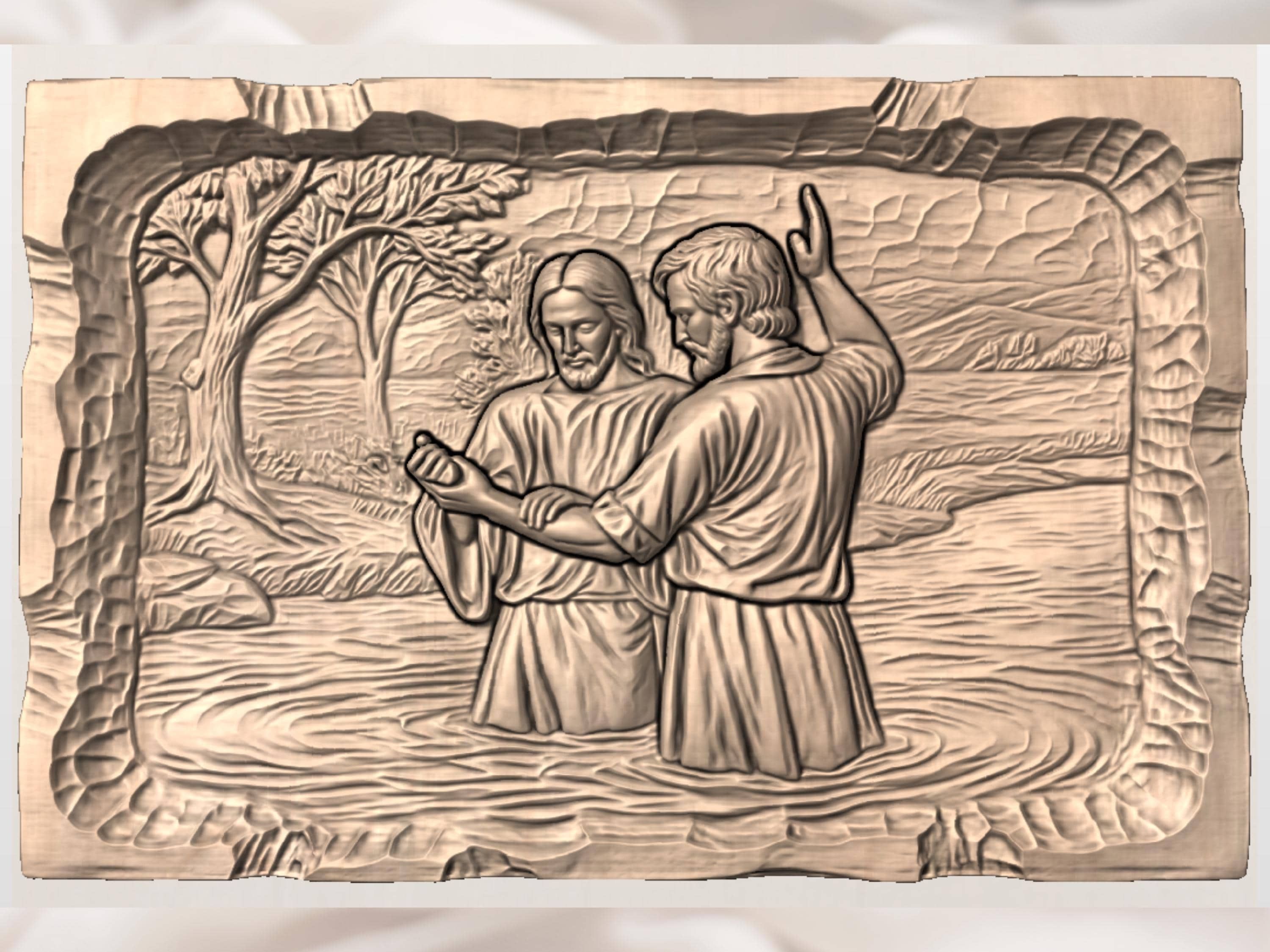 Baptism of Jesus in the Jordan River 3D Relief STL Carving bas-relief STL — view 3
