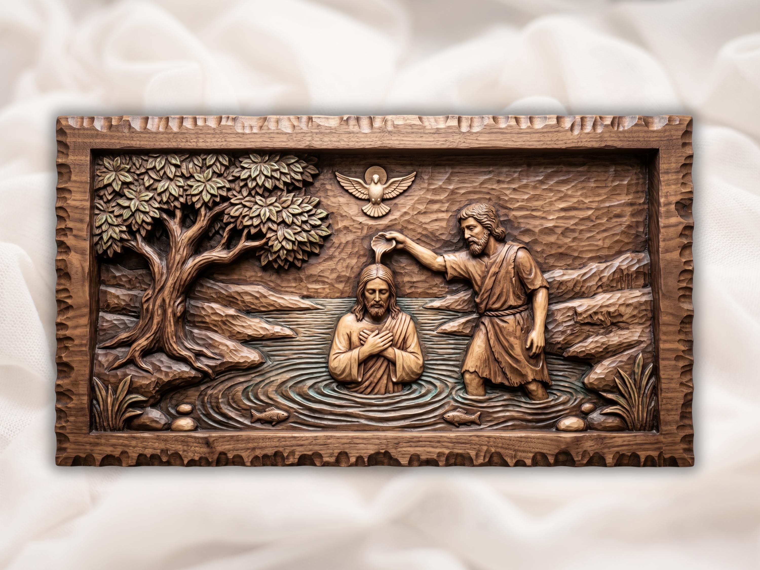 Carved wood relief of the baptism of Jesus, John pouring water, a dove above, ripples and fish below