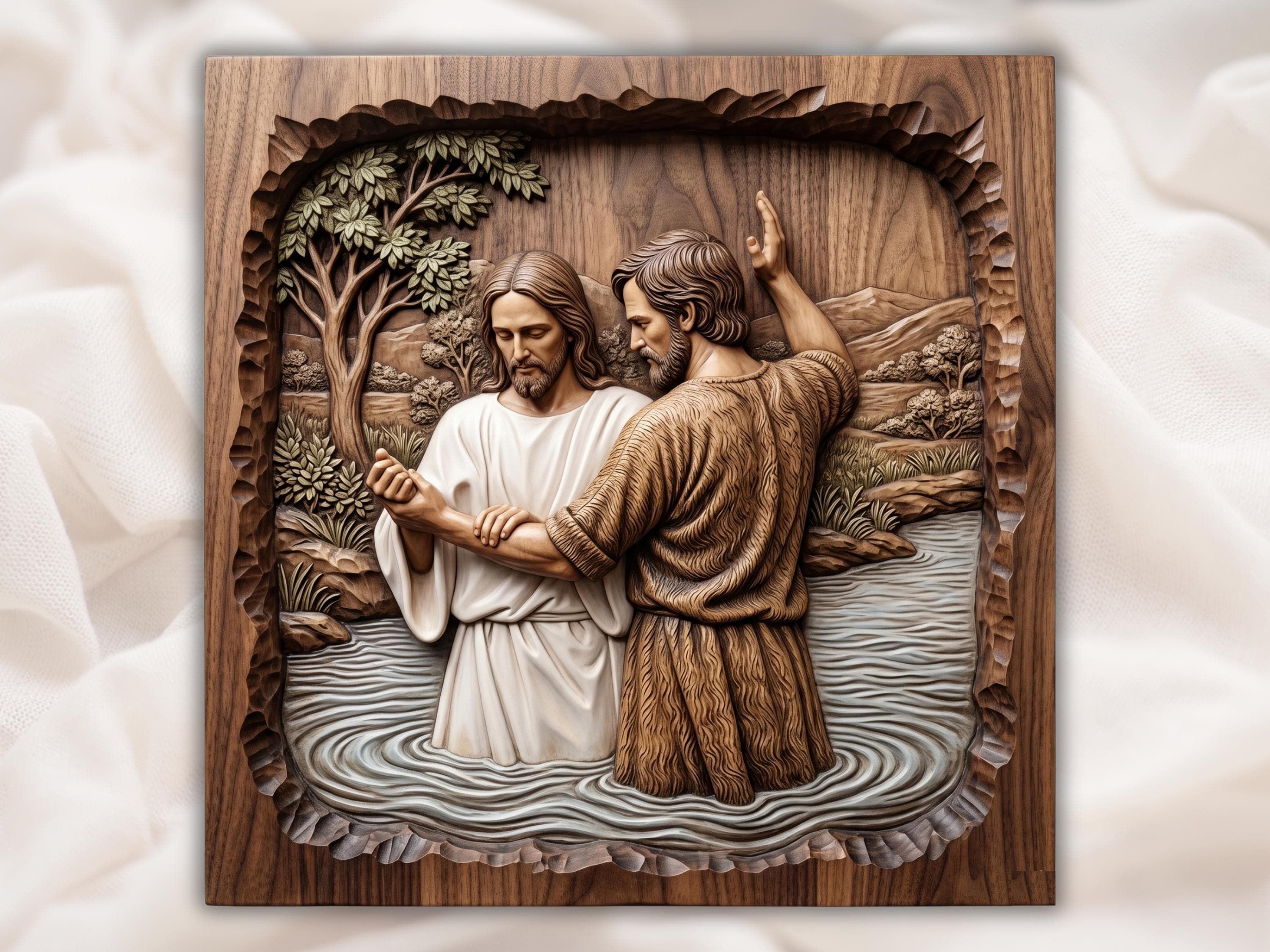 Carved wood bas-relief of the baptism of Jesus in the Jordan River with John blessing him