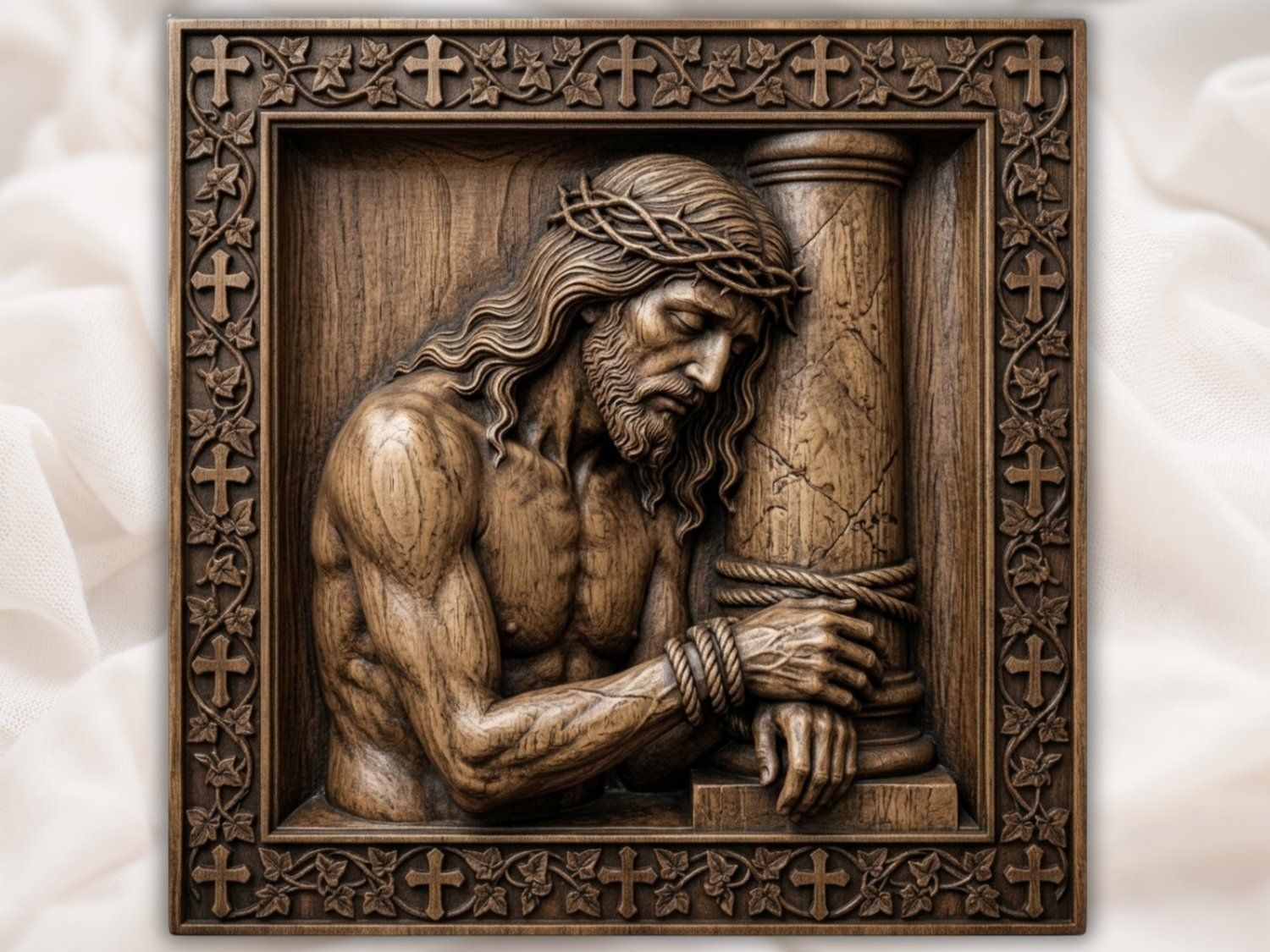 Jesus Bound to Pillar Corner Applique | Deep Scoop Religious Carving | Catholic Devotional Onlay | CNC Router Design | Sacred Passion Art — carved bas relief STL file for CNC