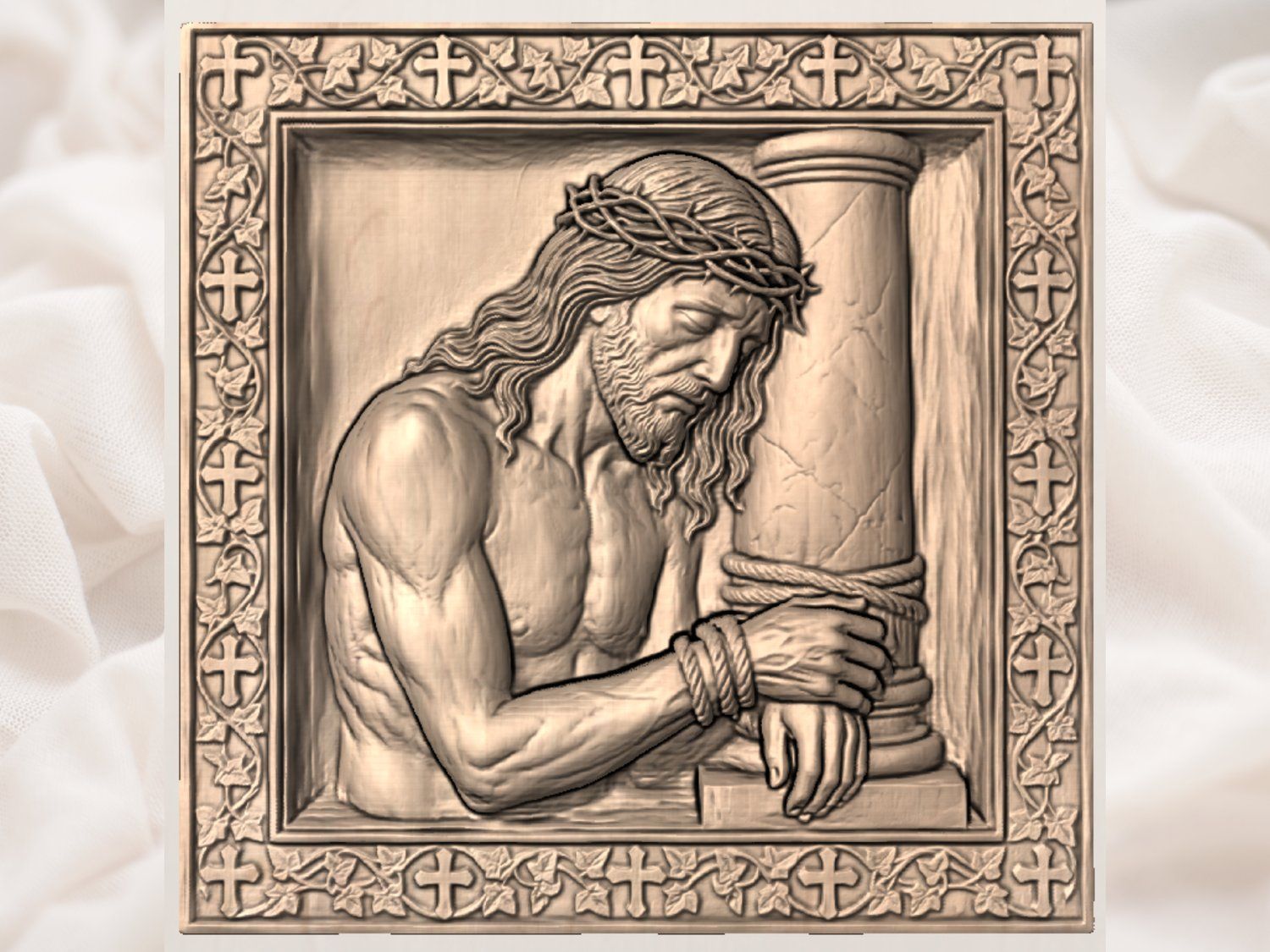 Jesus Bound to Pillar Corner Applique bas-relief STL — view 2