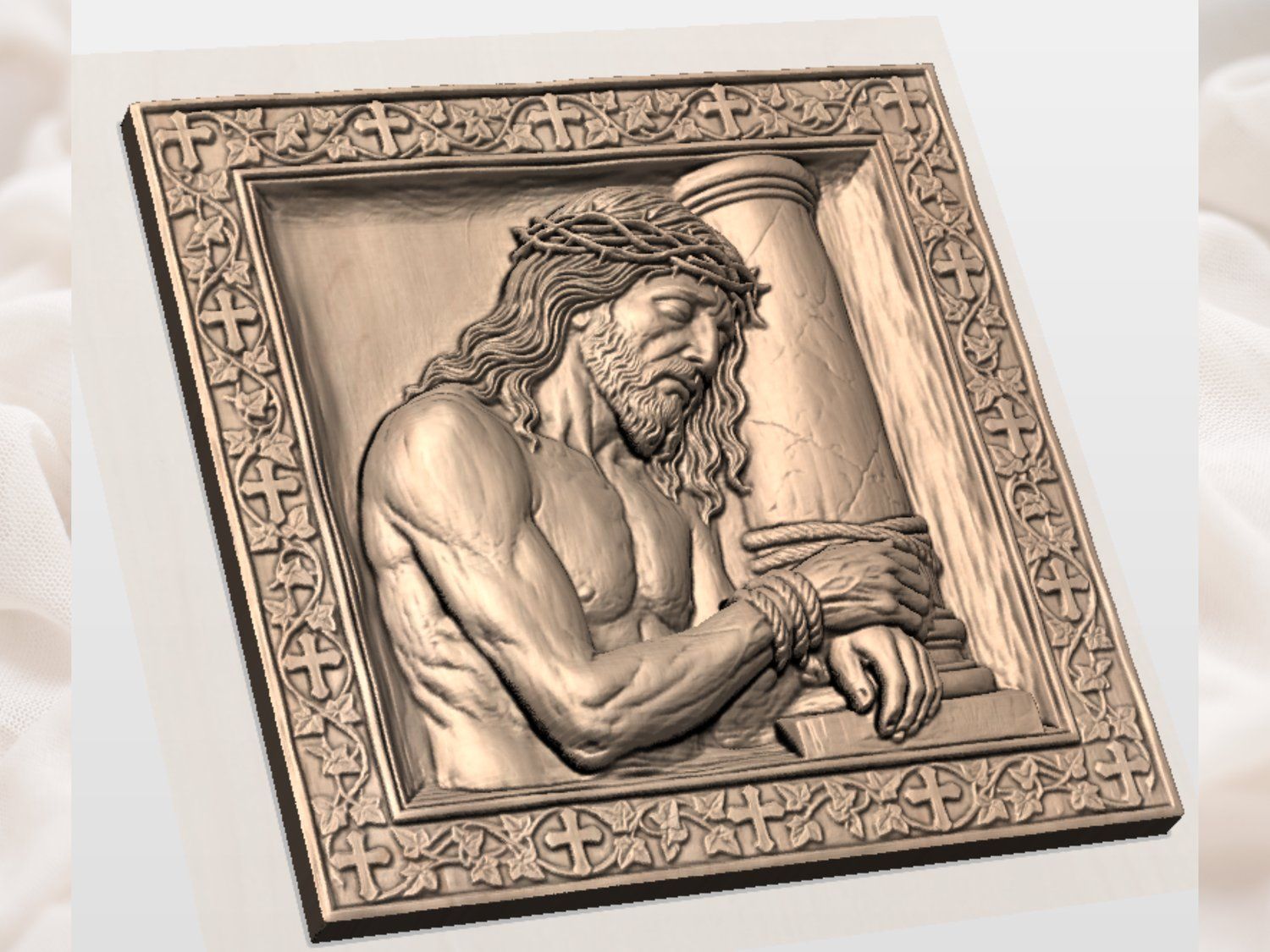 Jesus Bound to Pillar Corner Applique bas-relief STL — view 3