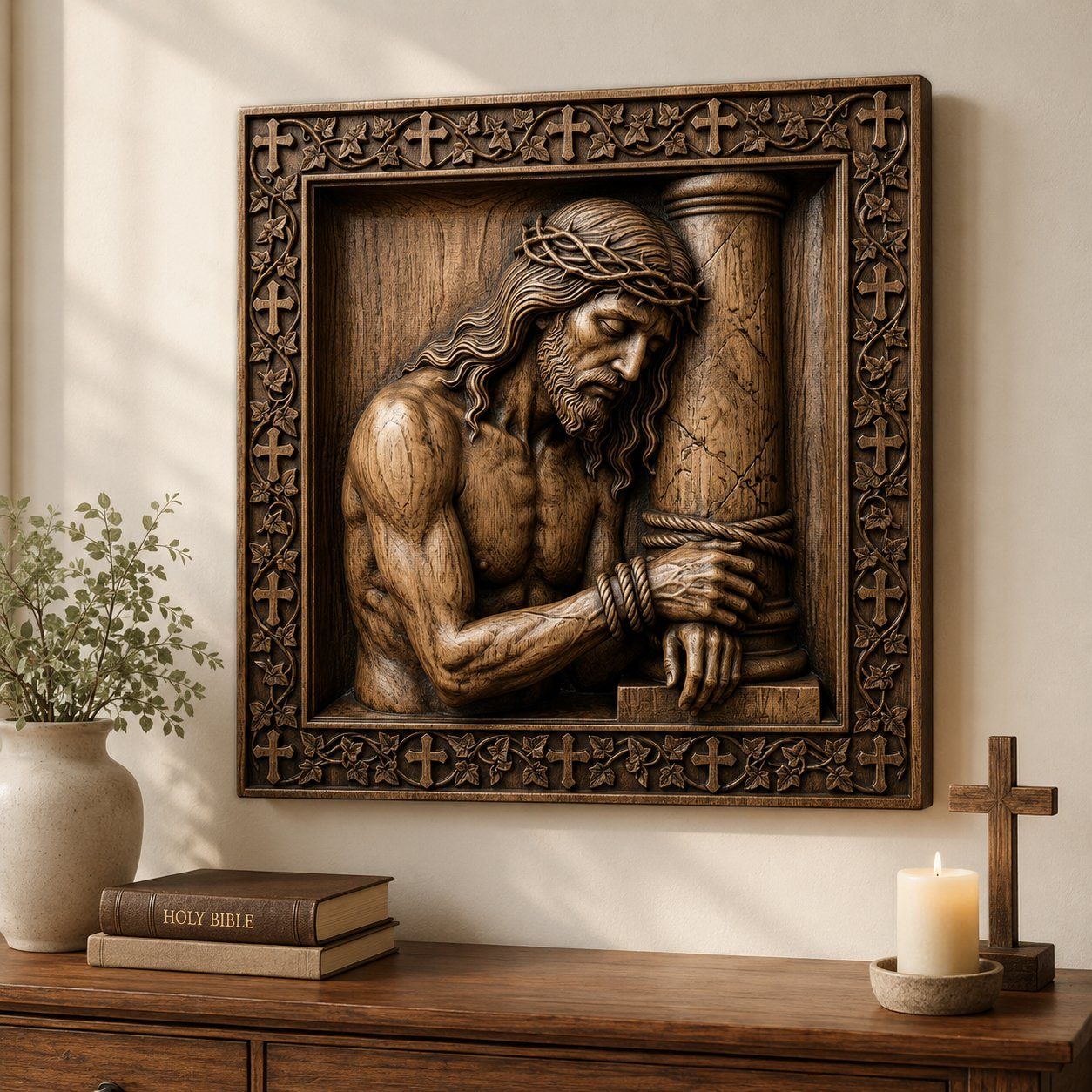Jesus Bound to Pillar Corner Applique bas-relief STL — view 4
