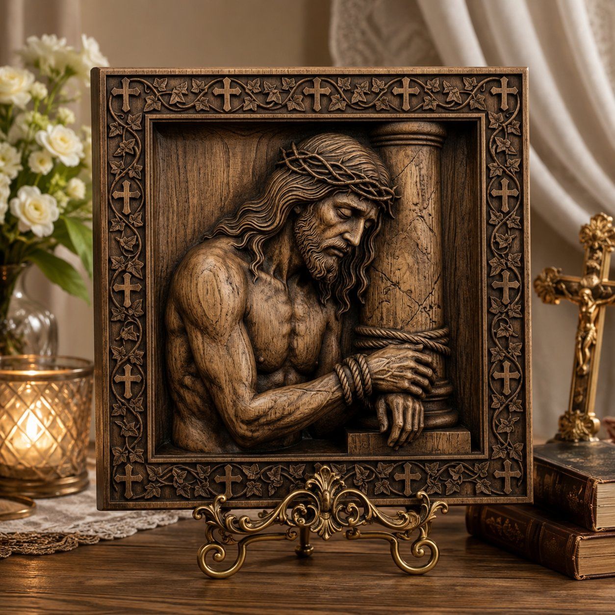 Jesus Bound to Pillar Corner Applique bas-relief STL — view 5
