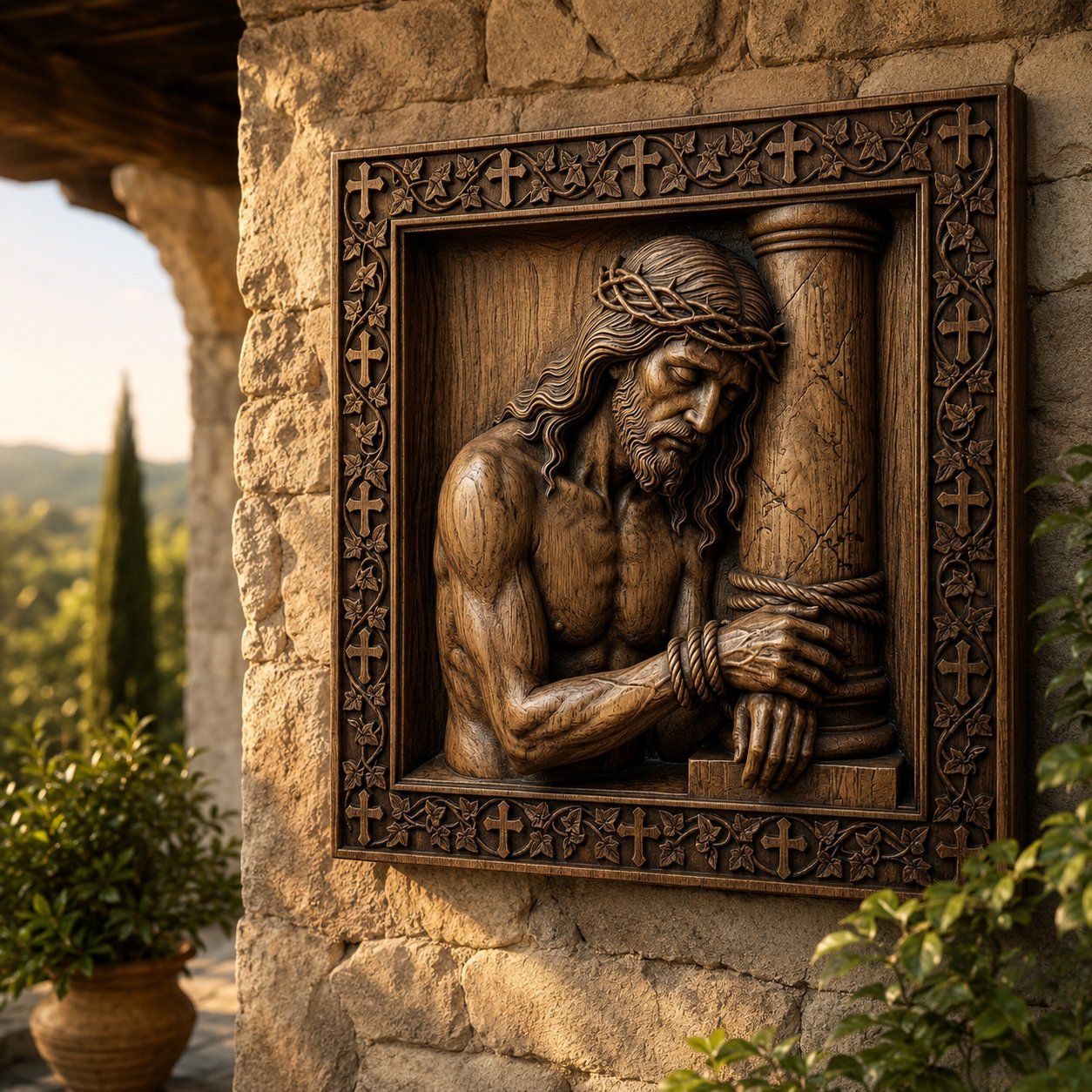 Jesus Bound to Pillar Corner Applique bas-relief STL — view 6