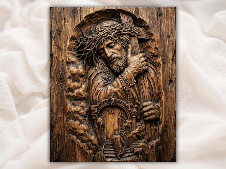 Bas-relief carving of Jesus carrying the cross with crown of thorns, rosary beads, and a doorway scene below