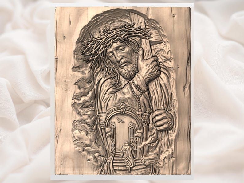 Jesus Carrying the Cross Bas-Relief STL with Crown of Thorns bas-relief STL — view 3