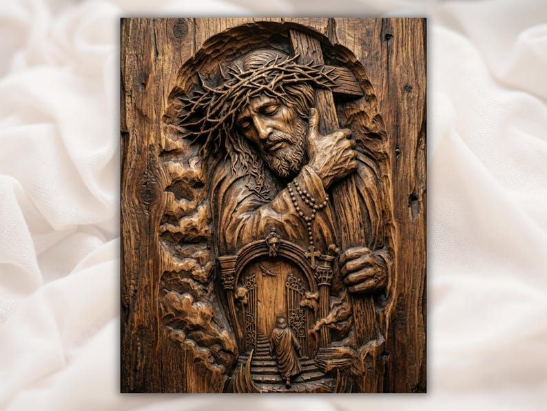 Jesus Carrying the Cross Bas-Relief STL with Crown of Thorns bas-relief STL design