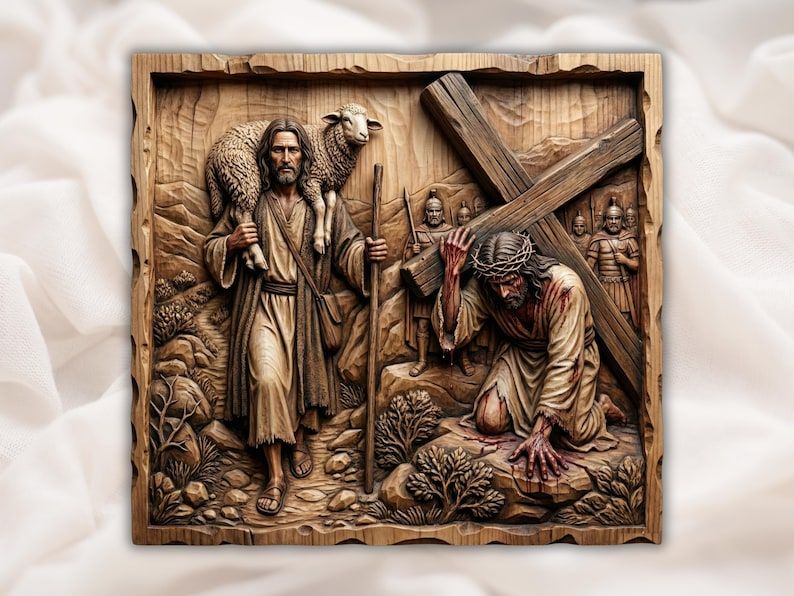 Carved wood relief of the Good Shepherd holding a lamb beside Jesus kneeling under the cross with crown of thorns.