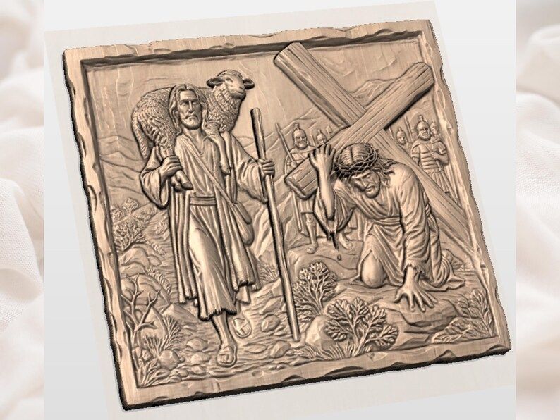 Good Shepherd and Christ Carrying the Cross Relief STL bas-relief STL — view 2