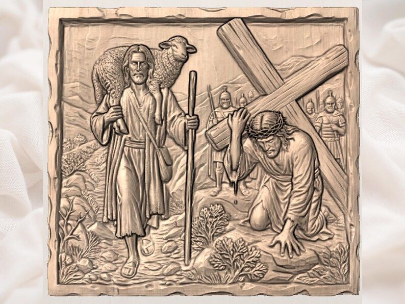 Good Shepherd and Christ Carrying the Cross Relief STL bas-relief STL — view 3