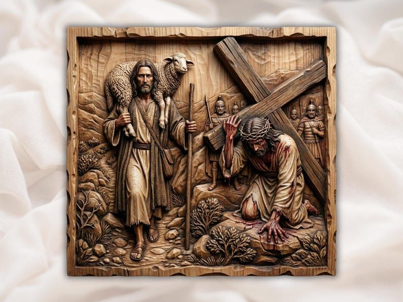 Good Shepherd and Christ Carrying the Cross Relief STL bas-relief STL design