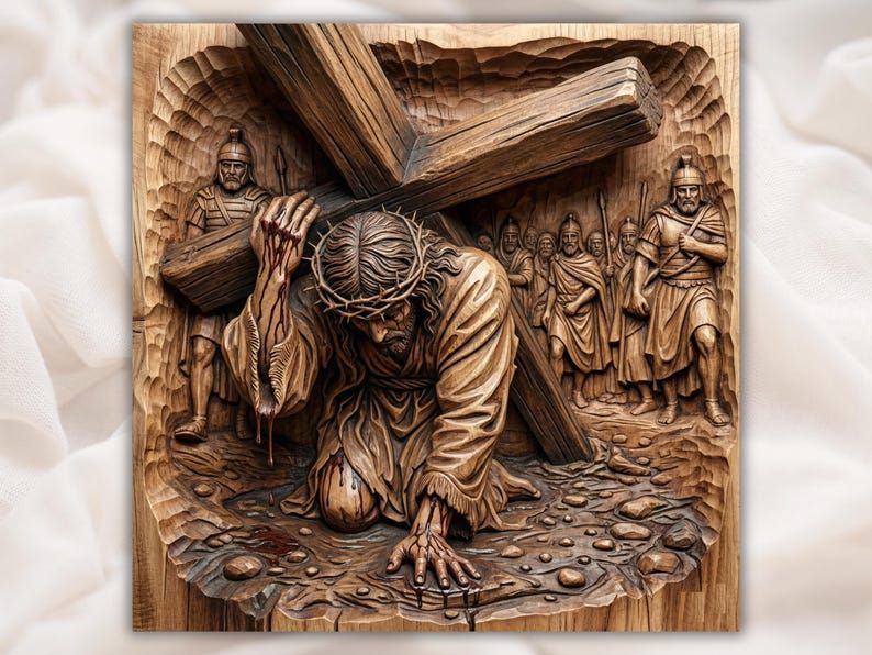 Carved wood relief of Jesus fallen under the cross, crowned with thorns, with Roman soldiers behind