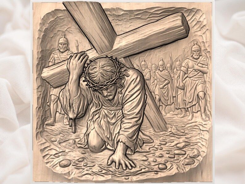 Jesus Falls Under the Cross Passion Scene Bas-Relief STL bas-relief STL — view 3