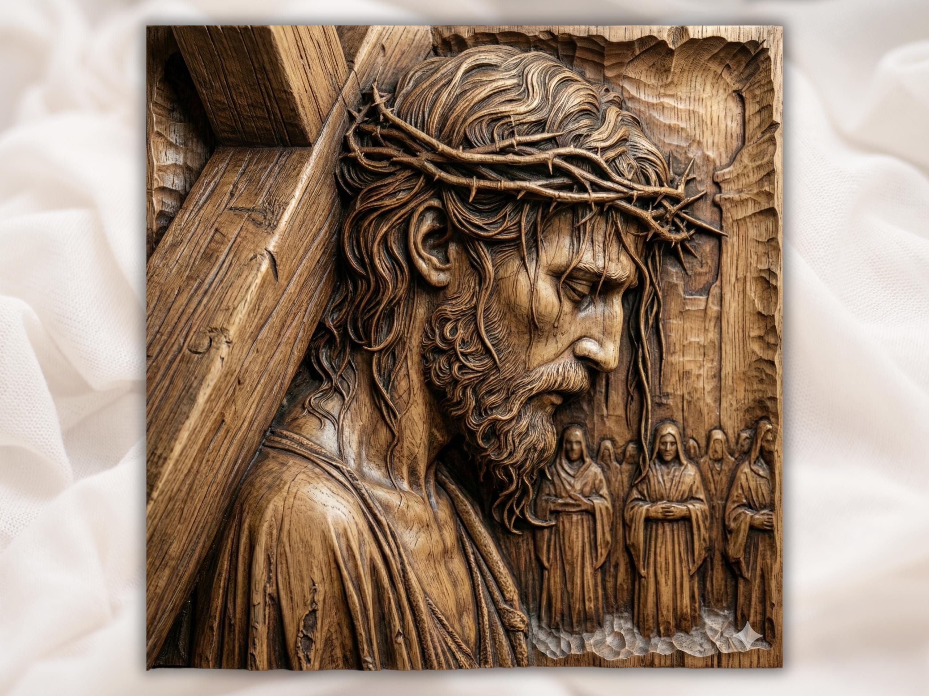 Carved wood bas-relief of Jesus with a crown of thorns, flowing hair and beard, small mourning figure below.