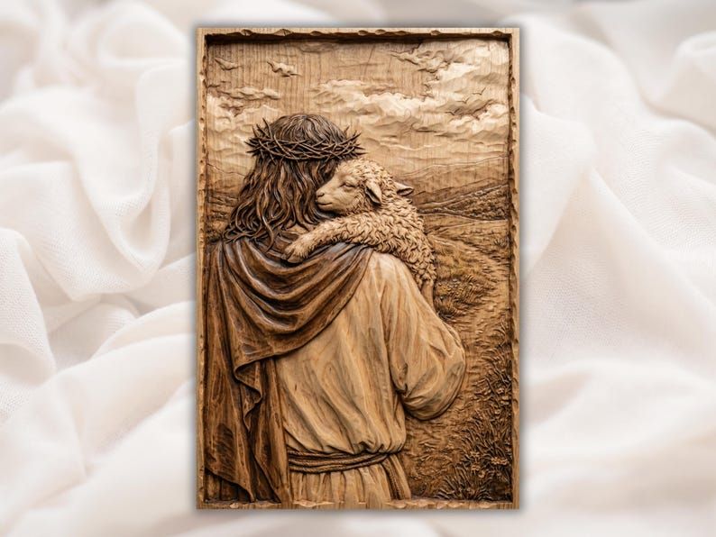 Wood bas-relief of the Good Shepherd in a crown of thorns carrying a lamb on His shoulder along a hillside path