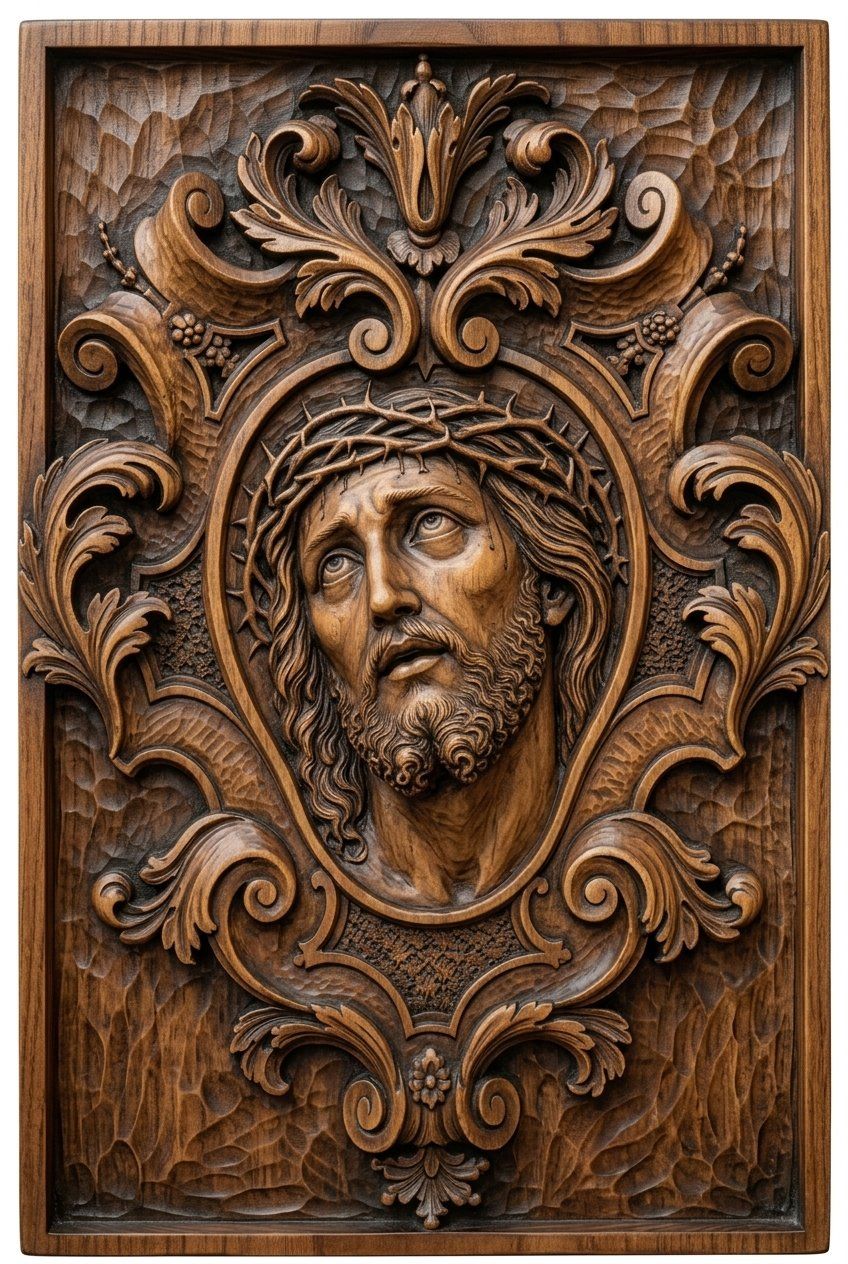 Jesus Christ Crown of Thorns Passion CNC Relief STL | Religious Christian Wall Art Panel | Ornate Baroque Wood Carving Design — carved bas relief STL file for CNC