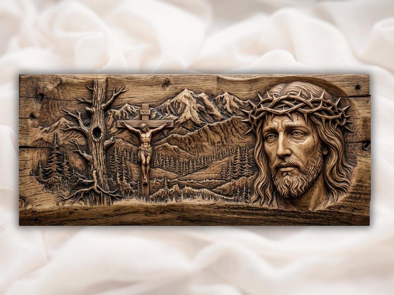 Carved wood bas-relief of Jesus with crown of thorns beside a crucifix, pine forest, and mountains.