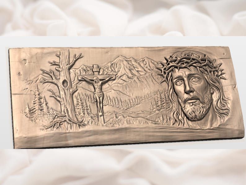 Christ with Crown of Thorns and Crucifixion Mountain Scene STL bas-relief STL — view 2