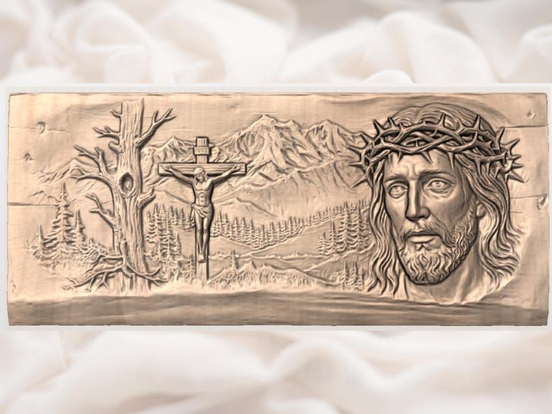 Christ with Crown of Thorns and Crucifixion Mountain Scene STL bas-relief STL — view 3