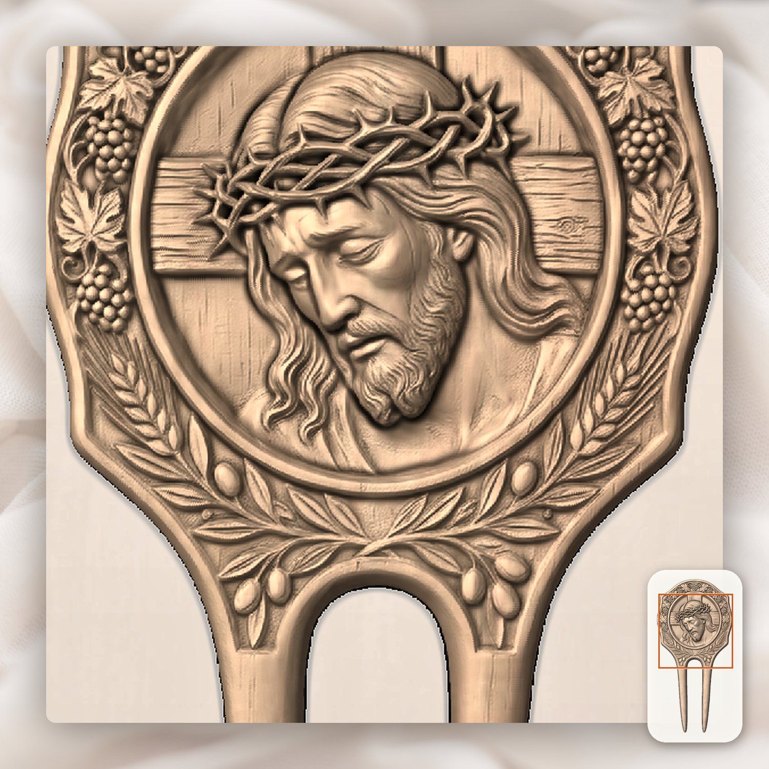 Jesus Christ Grapes and Wheat Hair Fork CNC Relief STL bas-relief STL — view 7